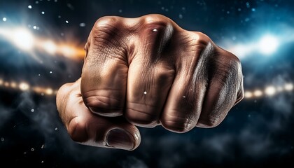 A close up view of a fist punching towards the camera; an action packed flying fist with an animated colorful background; a clinching fist in detailed punching at the camera; blurred background