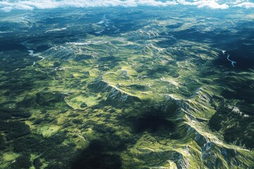Obraz premium Aerial View of Lush Green Mountains with Winding Rivers