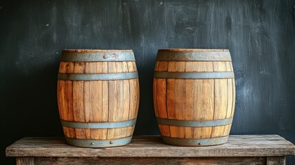 Obraz premium Rustic Wooden Barrels on a Vintage Table Against a Dark Background