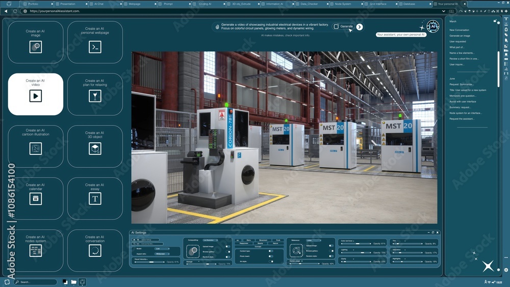 Poster generative model software producing ai video of industrial electrical equipment from text. artificia