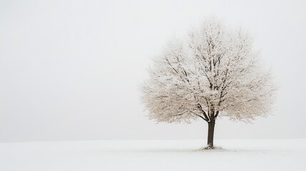 Solitary snow-covered tree in a foggy winter field.