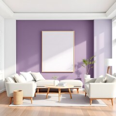 living room, minimalistic style, 3D render, 3D illustration, mock up poster frame in modern interior background