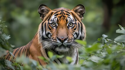 Fototapeta premium A majestic tiger stares intently at the camera from within a lush green jungle.