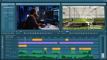 Video editor software interface used for professionally retouching clips, trimming and splicing to...