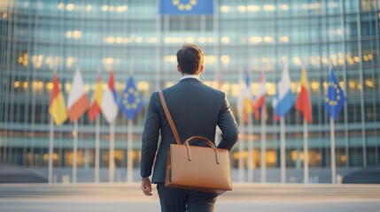 A man in a suit with a briefcase stands outside a building adorned with multiple national flags, possibly indicating an international or governmental setting.