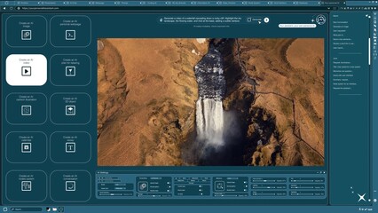 Generative model software producing AI generated video of waterfall cascading down cliffs from...