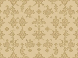Elegant seamless damask wallpaper with intricate floral and geometric patterns in soft muted colors, fabric, ornate