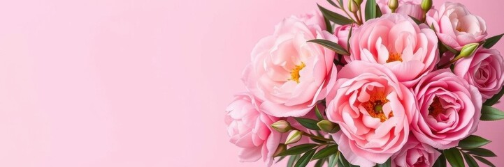 Obraz premium Fresh pink peonies and roses arranged in a beautiful bunch with space for text, copy space, roses