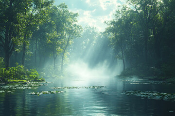 Obraz premium Misty River in Forest, Morning Sun Rays Through Trees, Dreamy Atmospheric Nature Scene