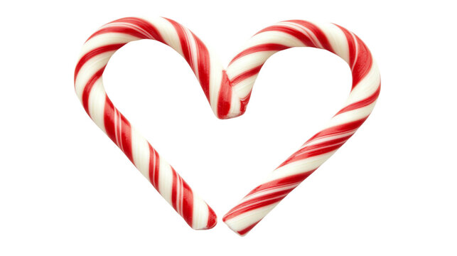 Two red and white candy canes crossed to form a heart shape transparent background - Powered by Adobe