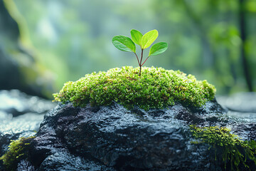 small resilient plant growing on moss covered stone