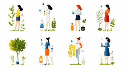 People engaging in environmental activities, such as watering plants and holding water bottles, promoting eco-consciousness and sustainability through everyday actions.