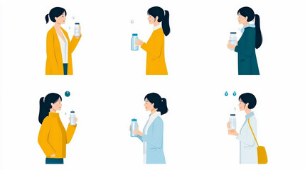 Illustration of six women in different outfits, each holding and drinking from a bottle of water, emphasizing hydration and daily life activities.