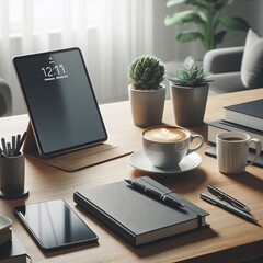 Professional workspace with a cup of coffee, tablet, and notebook on a minimalist desk