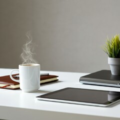 Professional workspace with a cup of coffee, tablet, and notebook on a minimalist desk