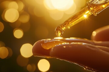 A drop of the active ingredient of the cosmetic flows from the ampoule onto your hand. Possibly a serum or a biological preparation