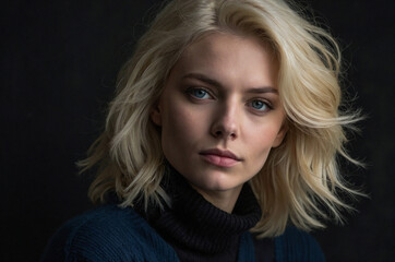 Naklejka premium Elegant Portrait of Platinum Blonde in Black Turtleneck Against Dark Background