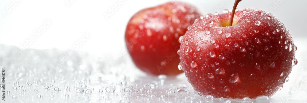 Aufkleber two vibrant red apples covered in tiny water droplets are placed on a shiny surface, showcasing thei