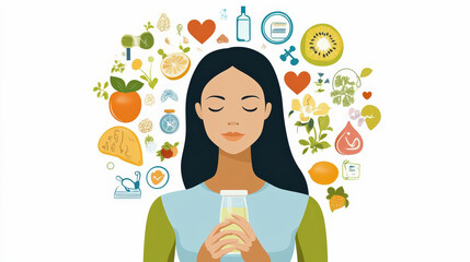 Fototapeta premium A serene woman holds a glass, surrounded by illustrations of fruits, vegetables, and health icons symbolizing wellness and mindfulness.