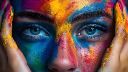 A portrait of a person covered in colorful powder 