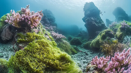 Obraz premium Surreal ocean floor featuring unusual plants and vibrant colors in a tranquil underwater environment