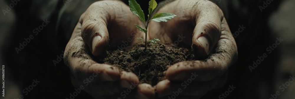 Poster two hands gently hold a tiny seedling rooted in dark earth, showcasing a commitment to nature and en
