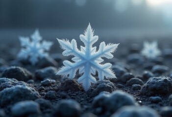 Intricate snowflakes emerge from a frost-covered ground in a chilly winter landscape at dawn