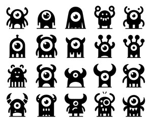 Collection of 25 Unique Cute Monster Icons. monster silhouette © Mutsurini