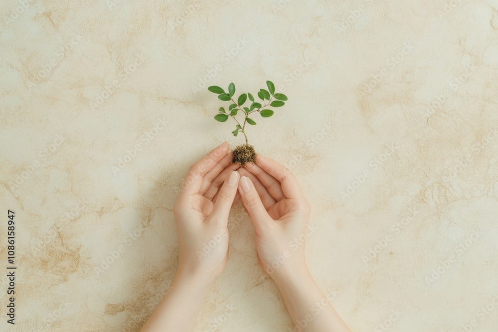 Poster hands are carefully cradling a small green seedling with a round base, symbolizing growth and care i