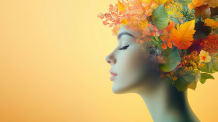 A serene woman with her eyes closed, featuring a vibrant autumnal floral arrangement as hair, set against a soft yellow background, evoking tranquility.