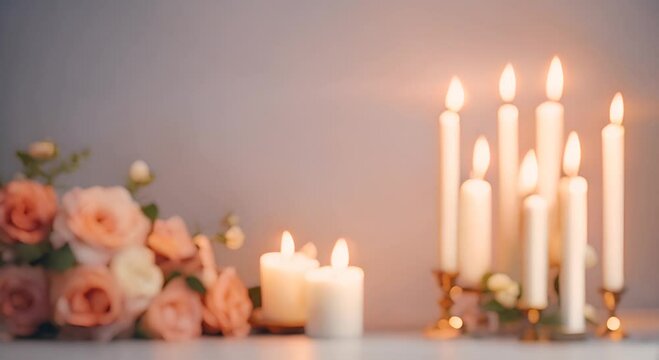 Candles memorial with flowers remembrance memory spirituality mourning abstract background Vertical 4K