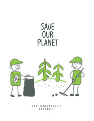 Activities for environmental protection. Vector cartoon sketch of people with with rakes and bags collecting plastic garbage. Environmentally friendly planet concept.