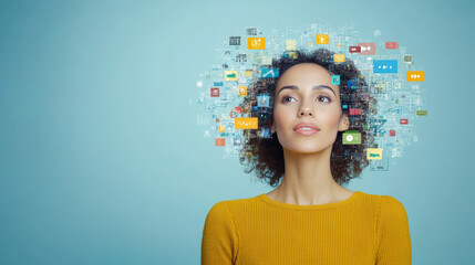 A woman gazes thoughtfully as digital icons swirl around her head, symbolizing technology, connectivity, and information overload in a modern, digital age.