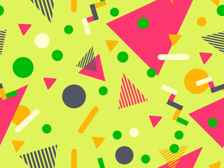 Geometric seamless pattern with memphis elements in 80s style. Colorful geometric pattern. Design of promotional products, wrapping paper and printing. Vector illustration