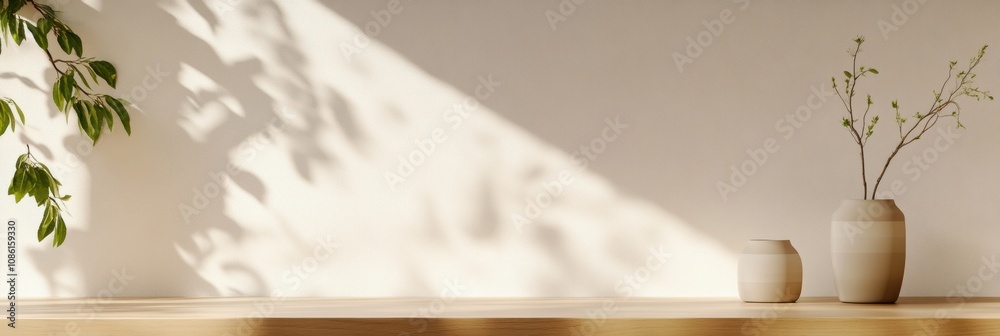 Aufkleber soft shadows and natural light enhance a minimalist shelf featuring two ceramic vases and lush green