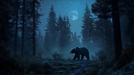 Naklejka premium a bear is standing in a forest with a full moon