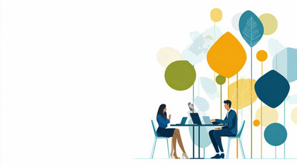 A diverse group of professionals collaborates at a table with laptops, set against a backdrop of stylized, abstract trees and colorful shapes.