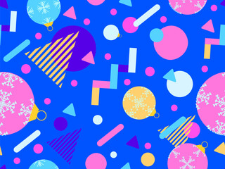 Geometric seamless pattern with Christmas balls. Christmas decorations and geometric shapes in 80's memphis style. Design of wallpapers, wrappers, covers, banners and posters. Vector illustration