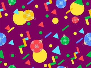 Geometric seamless pattern with Christmas balls. Christmas decorations and geometric shapes in 80's memphis style. Design of wallpapers, wrappers, covers, banners and posters. Vector illustration