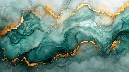 Abstract design featuring teal and gold fluid art with a wavy texture.