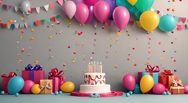 Festive birthday celebration greeting card with balloon border template and copy space 4K