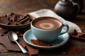 Rustic Hot Chocolate Mug on Wooden Table with Creamy Cocoa Dustin