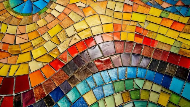 Close-up view of a mosaic made from numerous small, colored glass or ceramic tiles