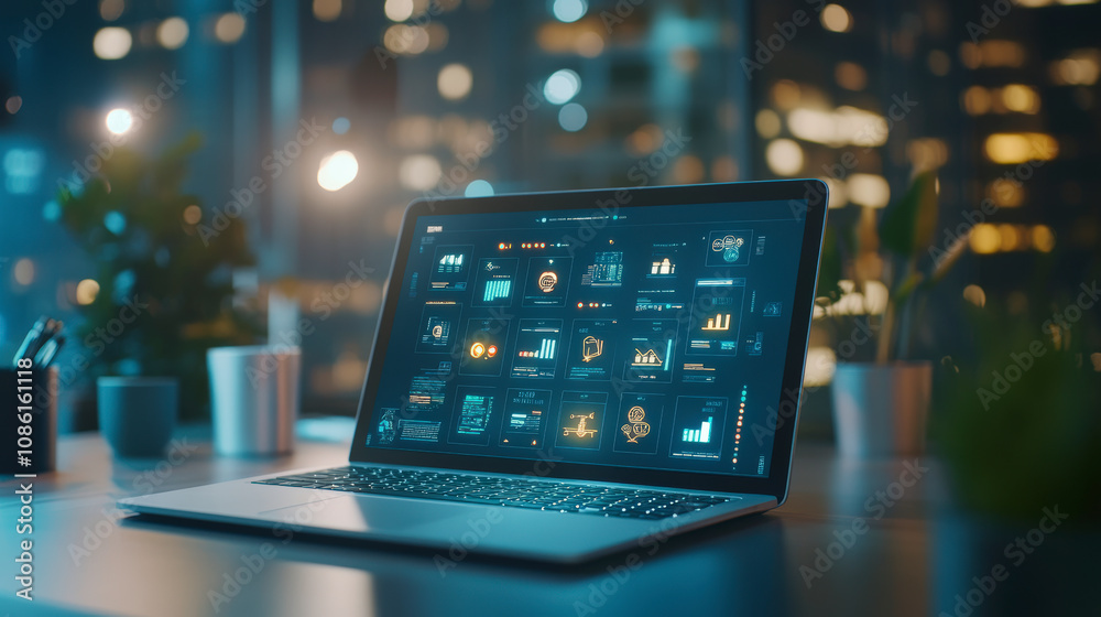 Sticker a laptop displaying various data analytics dashboards is placed on a desk in a modern office with ci