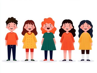 Five cheerful children stand together, showcasing diverse styles and colors in a vibrant, cartoonish illustration.