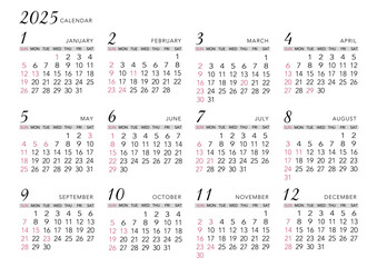 2025年_年間カレンダー_シンプル ヨコ型