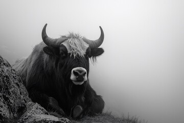 Naklejka premium Mysterious Highland Cattle in a Misty Landscape