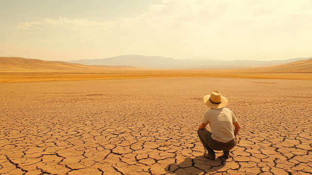 A person wearing a hat kneels on cracked earth, gazing at the vast, barren desert landscape under a hazy, bright sky.