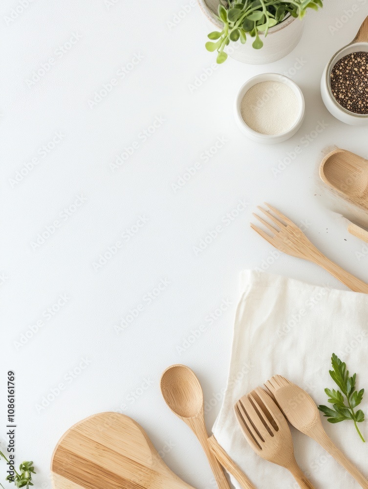 Leinwandbilder various wooden utensils and bowls filled with ingredients are placed neatly on a clean countertop wi