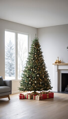 vertical image of a modern living room with a Christmas tree and decorations for the celebration of the end of the year holidays. Christmas and New Year celebration home interior
